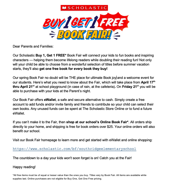 PTA Scholastic BOGO Book Fair: April 17-21